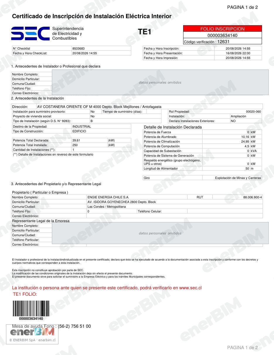 Certificado de inscripción TE-1 emitido por la SEC